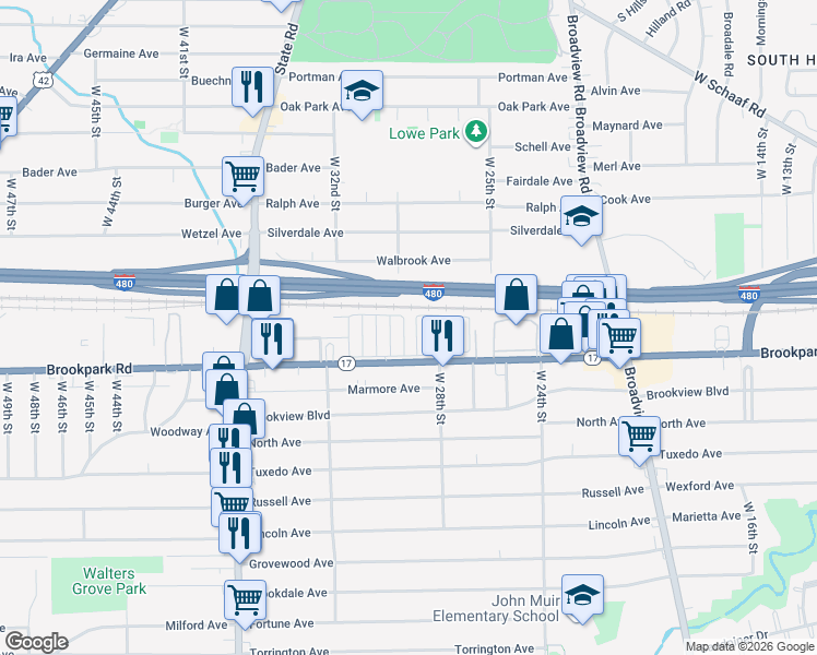 map of restaurants, bars, coffee shops, grocery stores, and more near 4 First Street in Cleveland