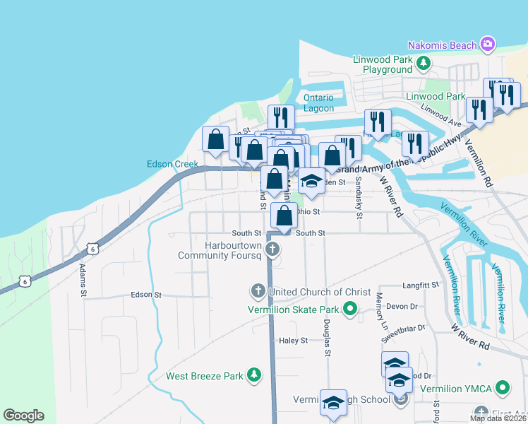 map of restaurants, bars, coffee shops, grocery stores, and more near Ohio St & Grand St in Vermilion