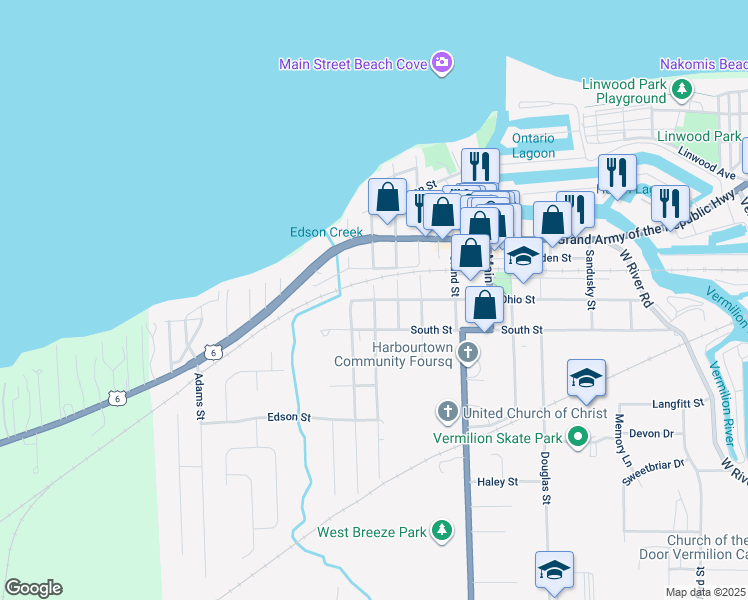 map of restaurants, bars, coffee shops, grocery stores, and more near Ohio Street & Decatur Street in Vermilion