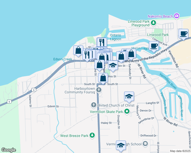 map of restaurants, bars, coffee shops, grocery stores, and more near 776 Grand Street in Vermilion
