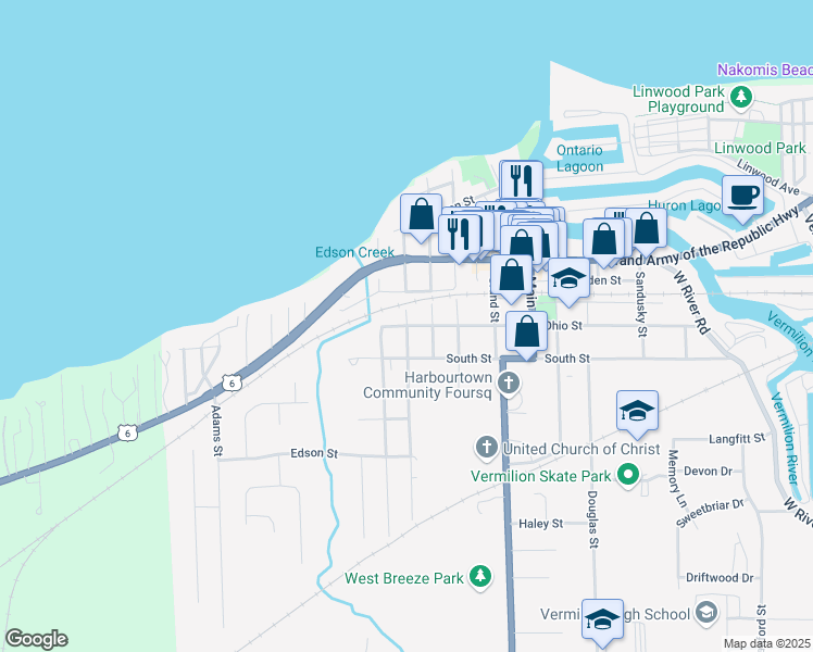 map of restaurants, bars, coffee shops, grocery stores, and more near Ohio Street & Decatur Street in Vermilion