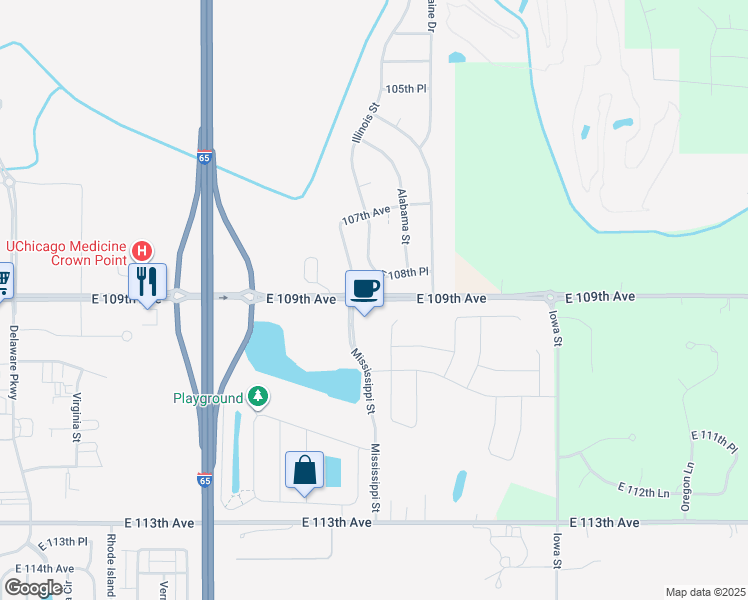 map of restaurants, bars, coffee shops, grocery stores, and more near 1855 East 109th Avenue in Crown Point