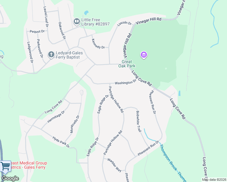 map of restaurants, bars, coffee shops, grocery stores, and more near 5 Partridge Hollow Road in Ledyard
