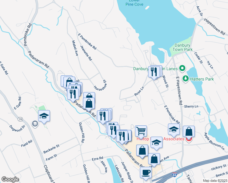 map of restaurants, bars, coffee shops, grocery stores, and more near 17 Hayestown Heights in Danbury