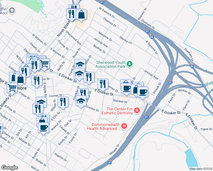 map of restaurants, bars, coffee shops, grocery stores, and more near 625 East Drinker Street in Dunmore