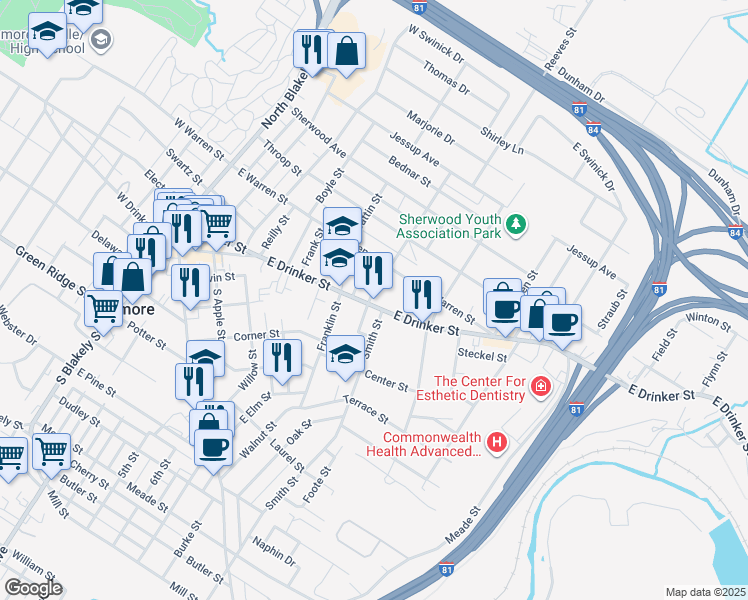 map of restaurants, bars, coffee shops, grocery stores, and more near 604 East Drinker Street in Dunmore