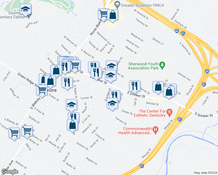 map of restaurants, bars, coffee shops, grocery stores, and more near 120 Franklin Street in Dunmore