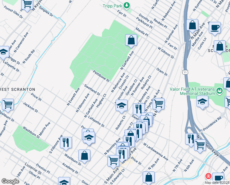 map of restaurants, bars, coffee shops, grocery stores, and more near 511 North Lincoln Avenue in Scranton