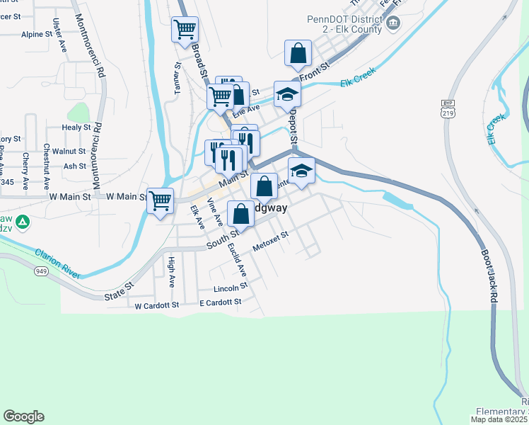 map of restaurants, bars, coffee shops, grocery stores, and more near 214 South Street in Ridgway