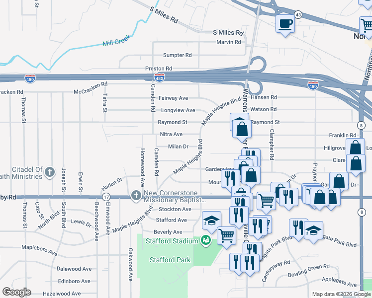 map of restaurants, bars, coffee shops, grocery stores, and more near 19515 Gardenview Drive in Maple Heights
