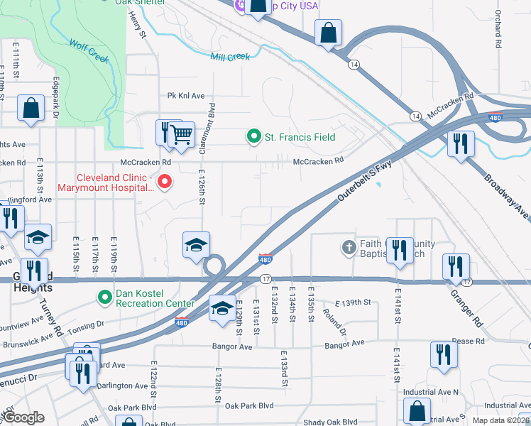 map of restaurants, bars, coffee shops, grocery stores, and more near 13004 Oak Street in Garfield Heights
