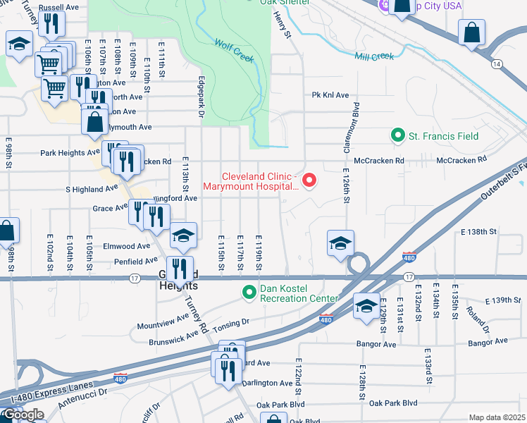 map of restaurants, bars, coffee shops, grocery stores, and more near 5226 East 119th Street in Garfield Heights