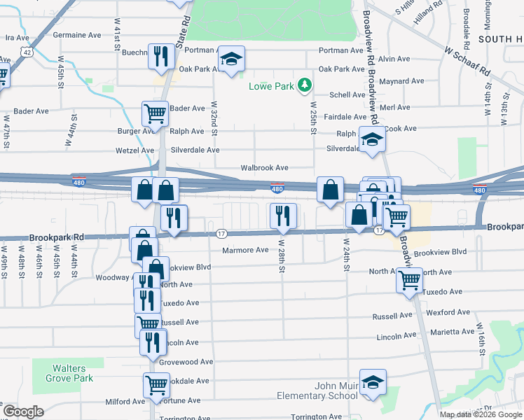 map of restaurants, bars, coffee shops, grocery stores, and more near 4 First Street in Cleveland