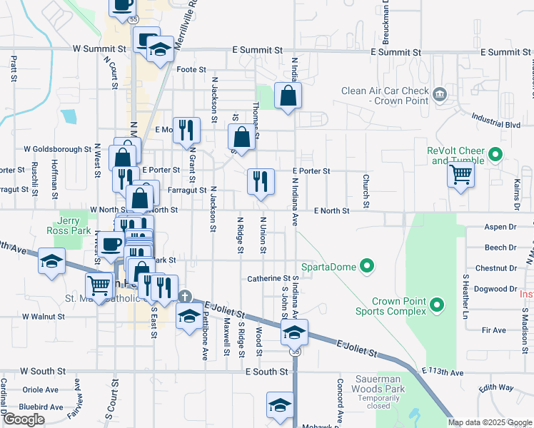 map of restaurants, bars, coffee shops, grocery stores, and more near 143 North Union Street in Crown Point