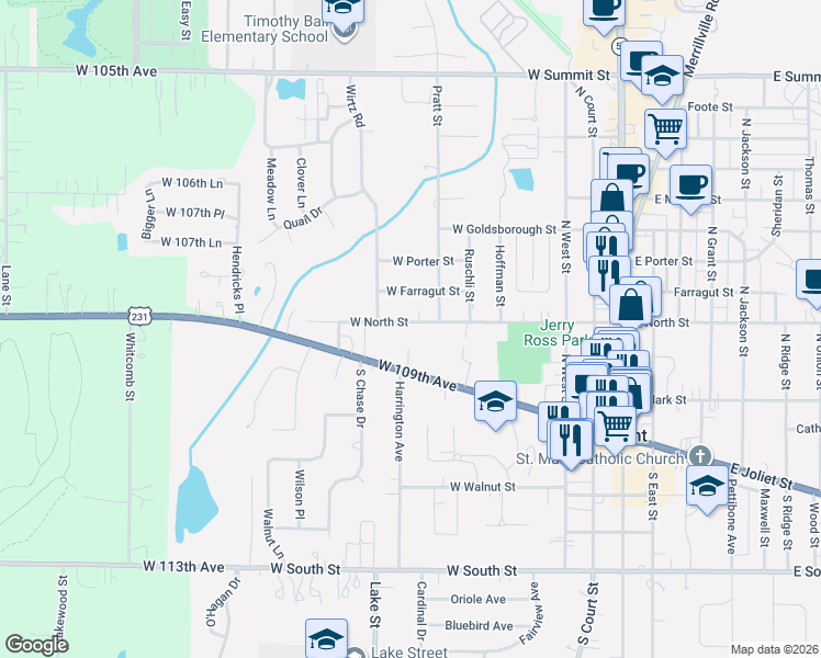 map of restaurants, bars, coffee shops, grocery stores, and more near 610 West Joliet Street in Crown Point