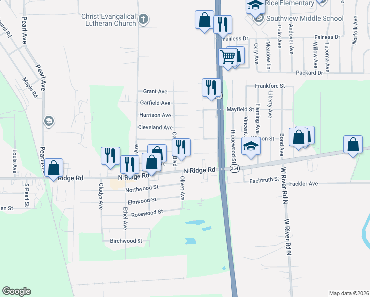 map of restaurants, bars, coffee shops, grocery stores, and more near 2128 Roosevelt Avenue in Lorain