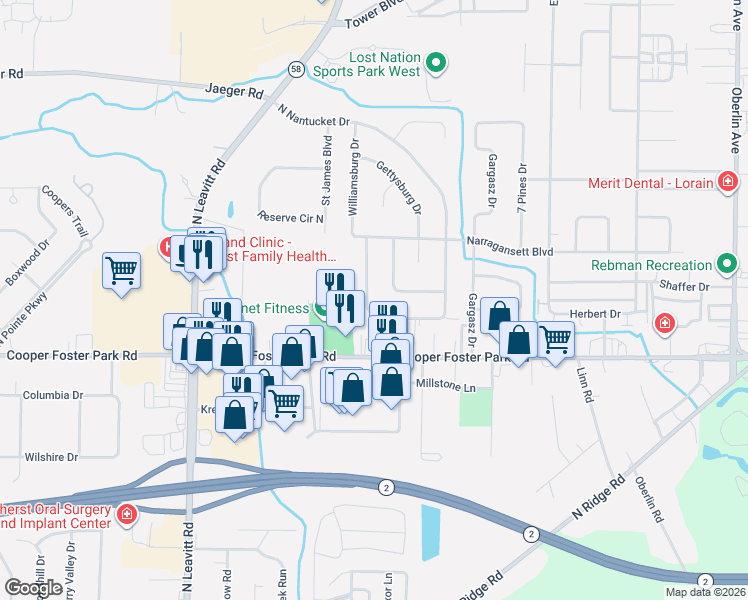 map of restaurants, bars, coffee shops, grocery stores, and more near 5714 Williamsburg Drive in Lorain