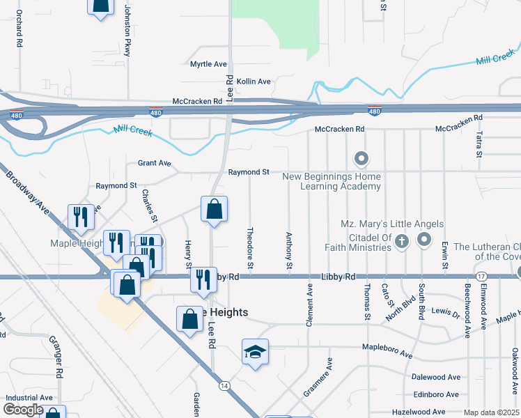 map of restaurants, bars, coffee shops, grocery stores, and more near 5157 Theodore Street in Maple Heights