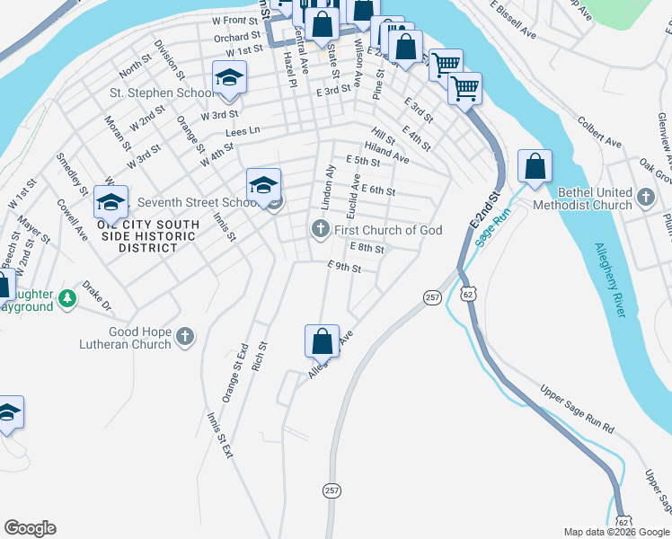 map of restaurants, bars, coffee shops, grocery stores, and more near 105 East 9th Street in Oil City