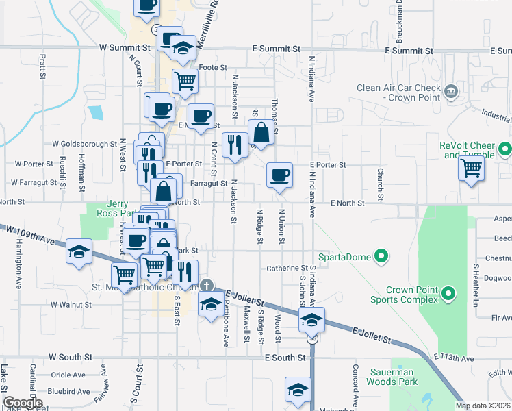 map of restaurants, bars, coffee shops, grocery stores, and more near 141 North Ridge Street in Crown Point