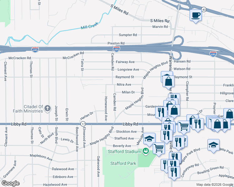 map of restaurants, bars, coffee shops, grocery stores, and more near 19313 Gardenview Drive in Maple Heights