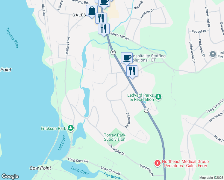map of restaurants, bars, coffee shops, grocery stores, and more near 15 Barry Drive in Ledyard