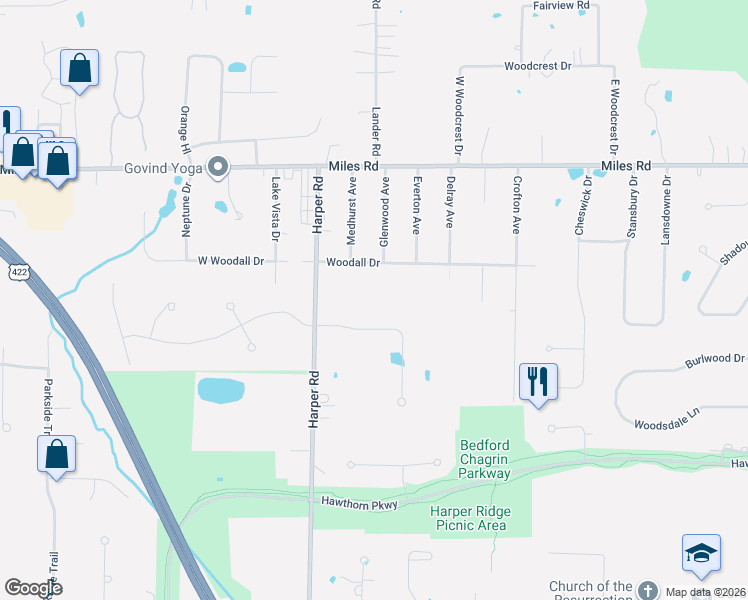 map of restaurants, bars, coffee shops, grocery stores, and more near 30535 Stillwater Lane in Solon