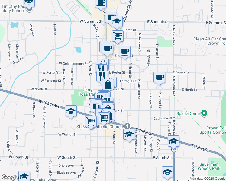map of restaurants, bars, coffee shops, grocery stores, and more near 117 East North Street in Crown Point