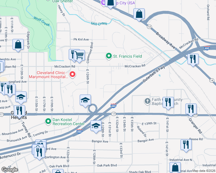 map of restaurants, bars, coffee shops, grocery stores, and more near 13004 Oak Street in Garfield Heights