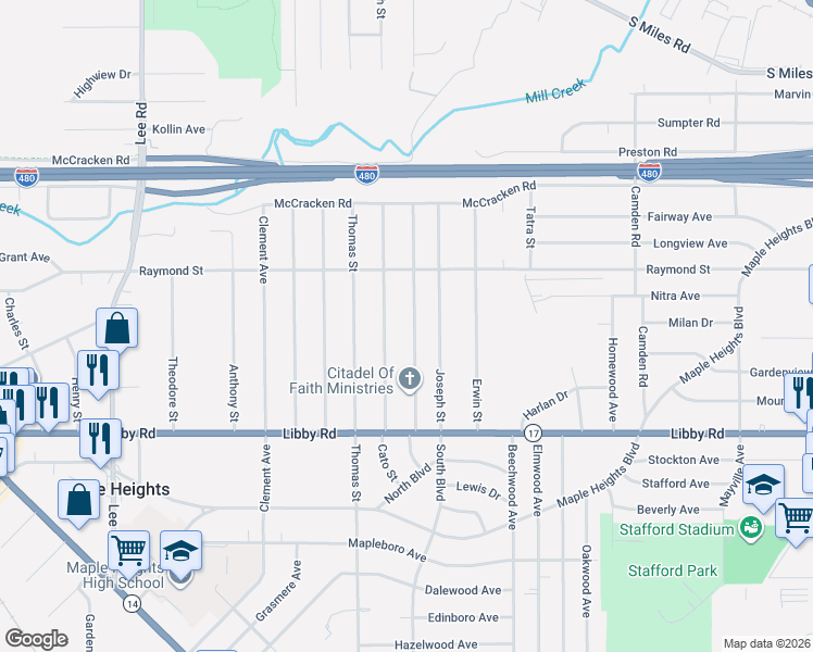 map of restaurants, bars, coffee shops, grocery stores, and more near 5183 Cato Street in Maple Heights