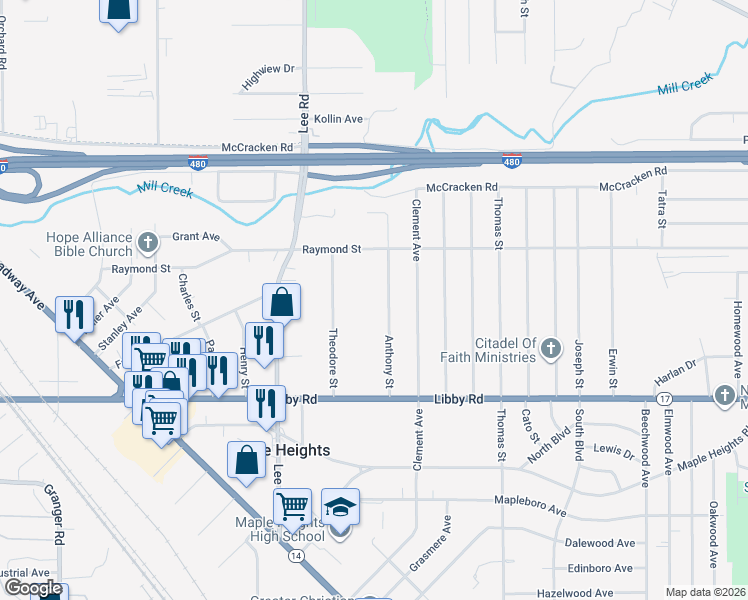 map of restaurants, bars, coffee shops, grocery stores, and more near 5193 Theodore Street in Maple Heights