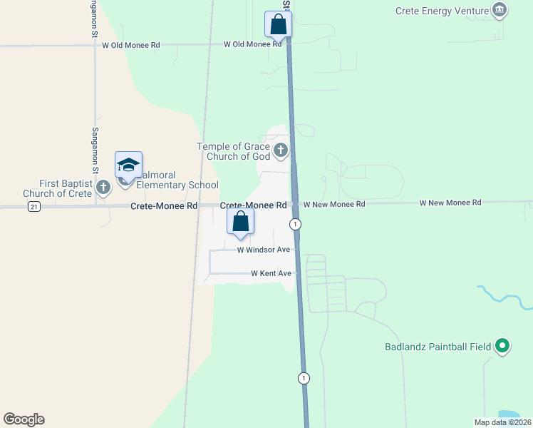 map of restaurants, bars, coffee shops, grocery stores, and more near 25938 Duchess Lane in Crete