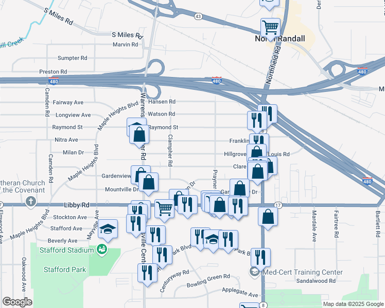 map of restaurants, bars, coffee shops, grocery stores, and more near 20904 Hillgrove Avenue in Maple Heights
