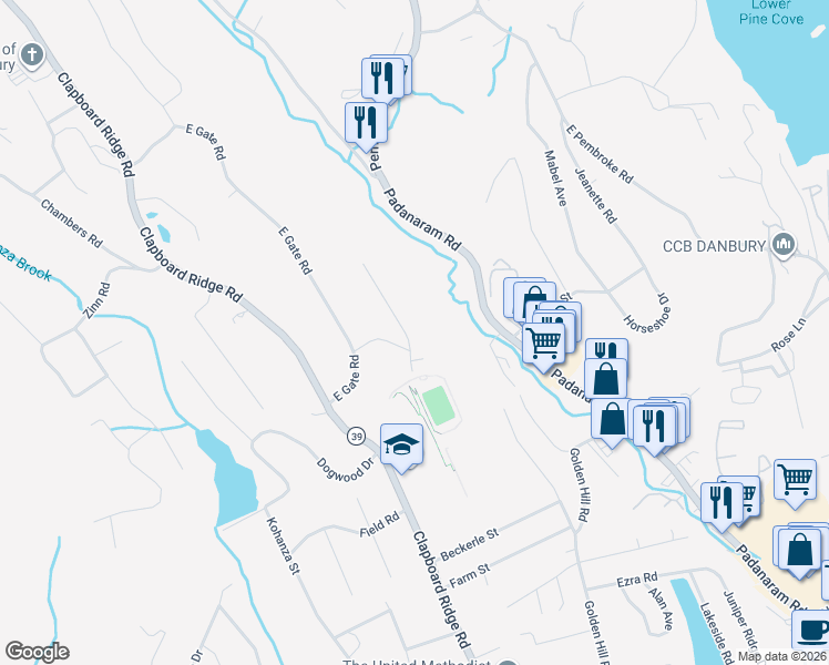 map of restaurants, bars, coffee shops, grocery stores, and more near 13 Eastwood Road in Danbury