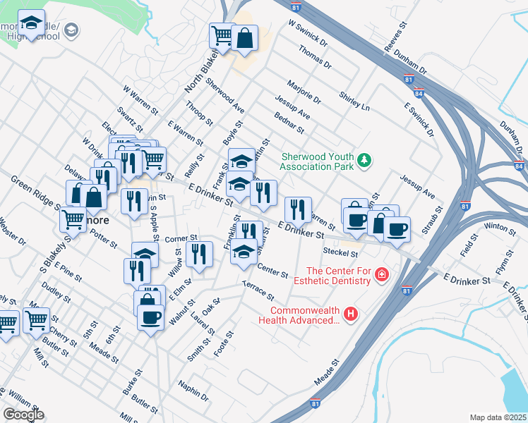 map of restaurants, bars, coffee shops, grocery stores, and more near 604 East Drinker Street in Dunmore