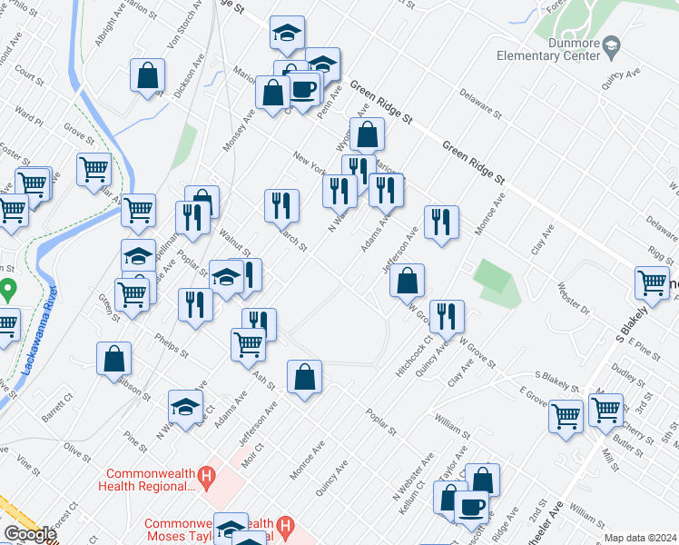 map of restaurants, bars, coffee shops, grocery stores, and more near 605 Larch Street in Scranton
