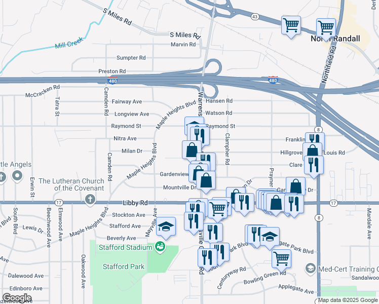 map of restaurants, bars, coffee shops, grocery stores, and more near 20102 Clare Avenue in Maple Heights