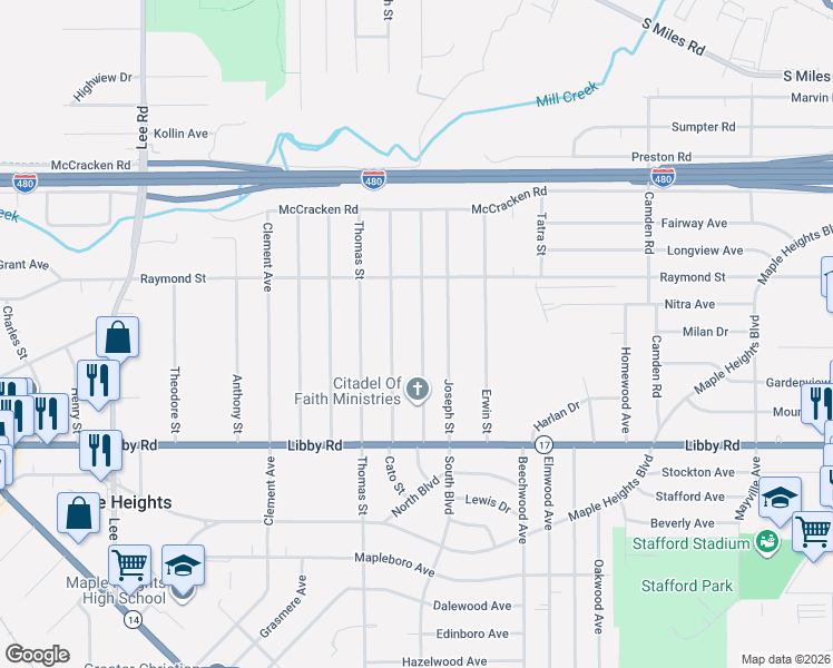 map of restaurants, bars, coffee shops, grocery stores, and more near 5183 Cato Street in Maple Heights