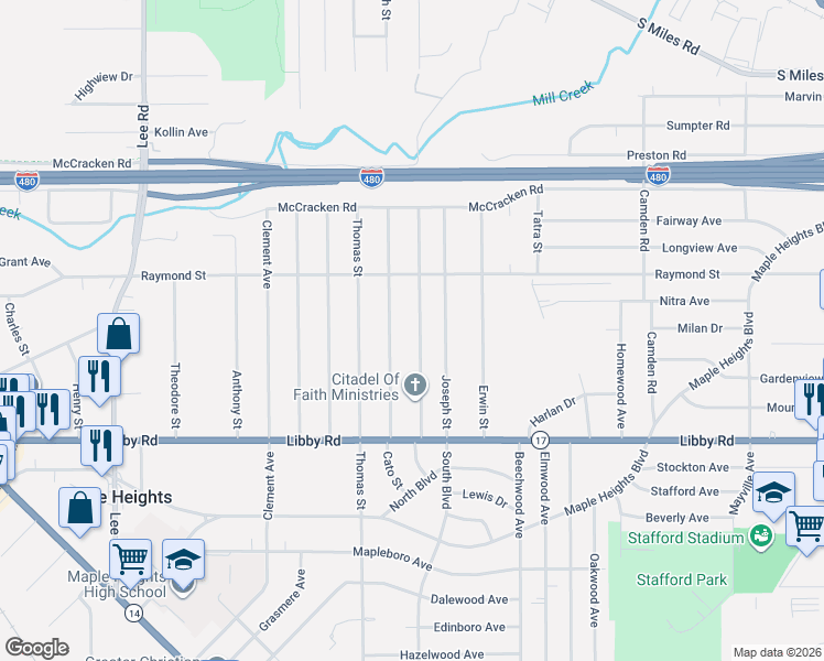 map of restaurants, bars, coffee shops, grocery stores, and more near 5183 Cato Street in Maple Heights