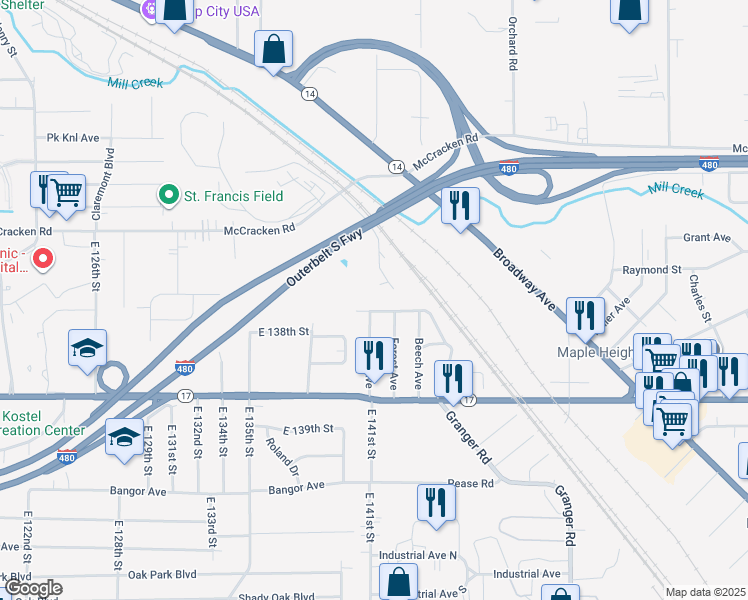 map of restaurants, bars, coffee shops, grocery stores, and more near 5197 Milo Avenue in Maple Heights