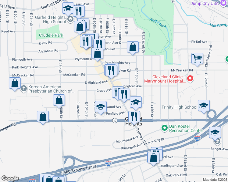 map of restaurants, bars, coffee shops, grocery stores, and more near 10725 Raymond Avenue in Garfield Heights