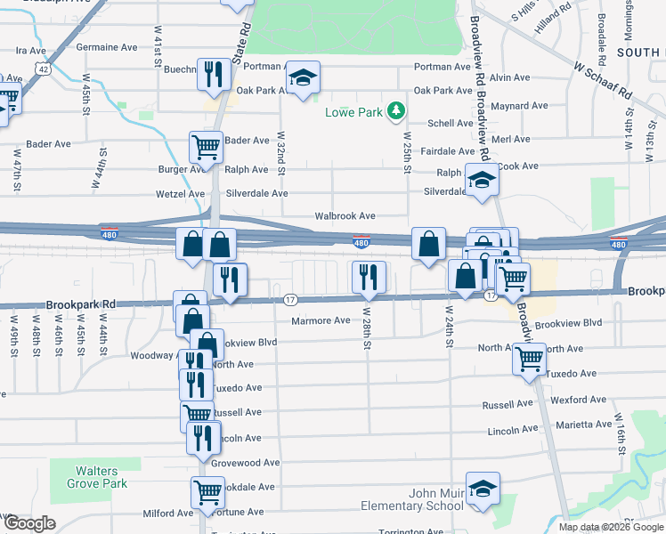 map of restaurants, bars, coffee shops, grocery stores, and more near 4 First Street in Cleveland
