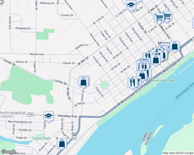 map of restaurants, bars, coffee shops, grocery stores, and more near 705 West 4th Street in Muscatine