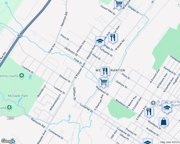 map of restaurants, bars, coffee shops, grocery stores, and more near 129 South Cameron Avenue in Scranton