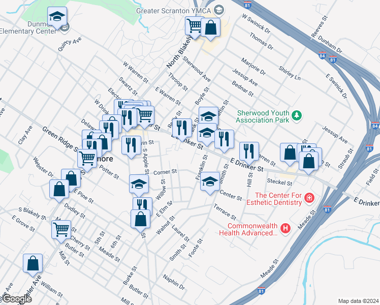 map of restaurants, bars, coffee shops, grocery stores, and more near 120 Harrison Street in Dunmore
