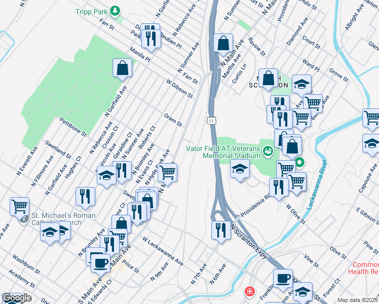 map of restaurants, bars, coffee shops, grocery stores, and more near 724 Powderly Ct in Scranton