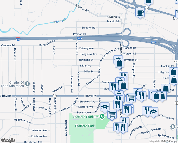 map of restaurants, bars, coffee shops, grocery stores, and more near 19514 Nitra Avenue in Maple Heights