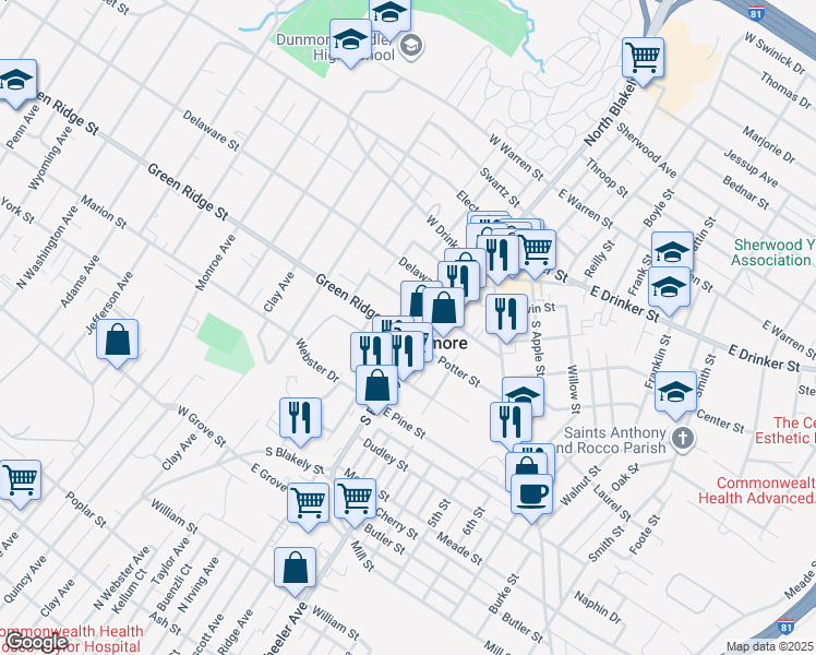 map of restaurants, bars, coffee shops, grocery stores, and more near 2031 Rigg Street in Dunmore
