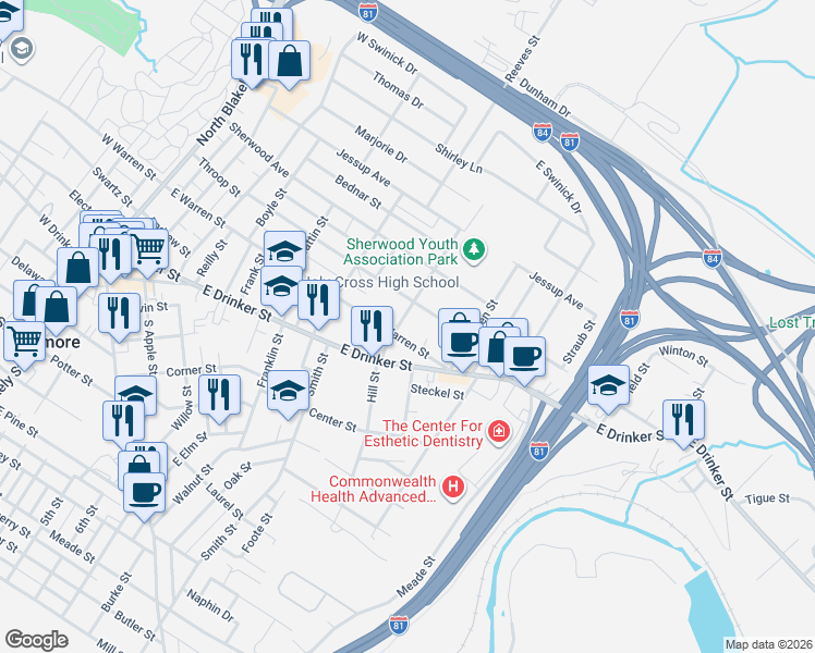 map of restaurants, bars, coffee shops, grocery stores, and more near 632 Throop Street in Dunmore