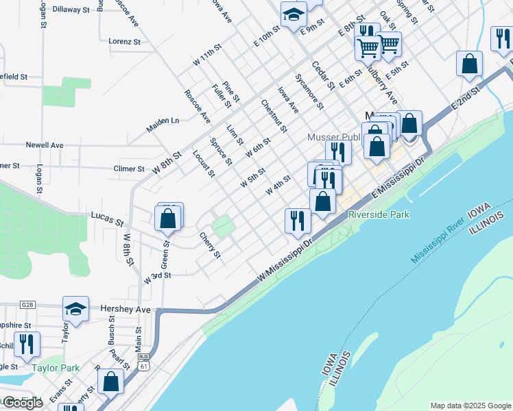 map of restaurants, bars, coffee shops, grocery stores, and more near 502 West 4th Street in Muscatine